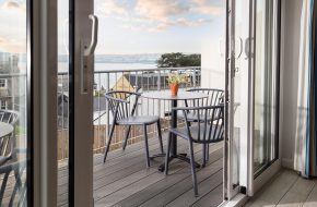 Terrace with views across the Camel Estuary at Gull House, Rock